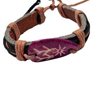 Handmade Adjustable Leather Bracelet Purple Tribal Carved Pendant Natural Cord